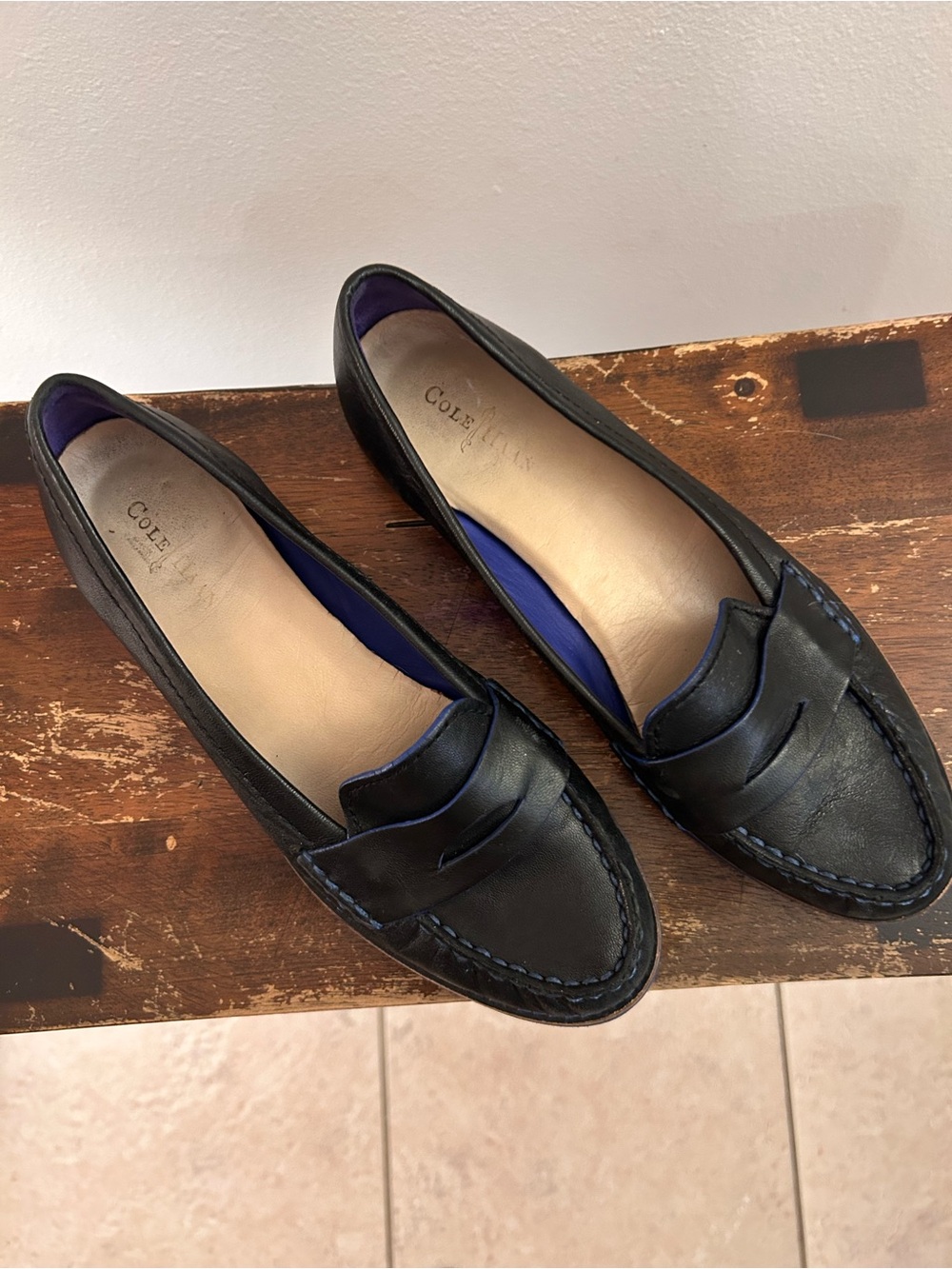 Cole Haan Black Leather Penny Loafers with Navy Trim - Picture 2 of 8